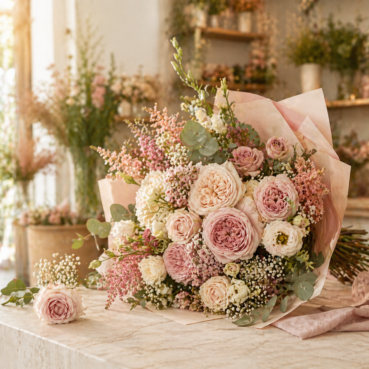 Ramo de flores preparado en mesa